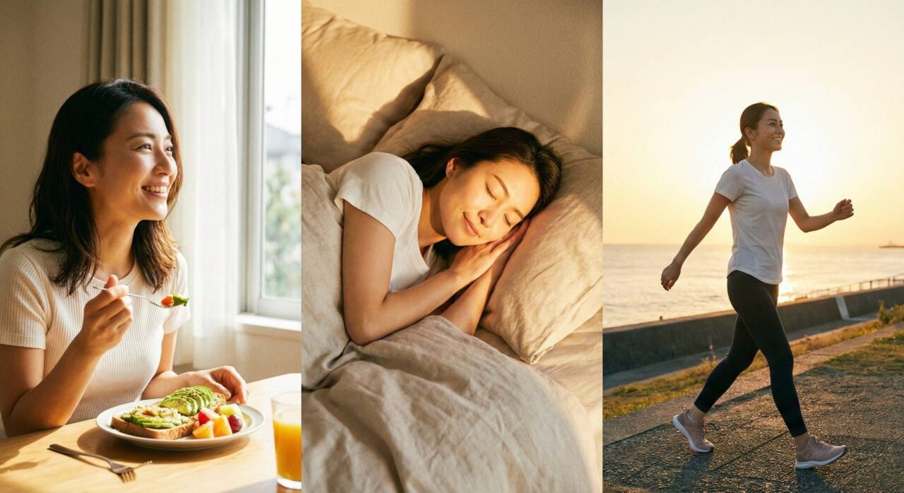 輝かしい未来を思い描きながら、食事・睡眠・運動（ウォーキング）の整ったライフスタイルを送る笑顔の女性