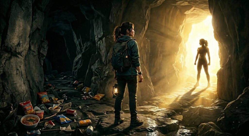 暗い岐路に立ち、ジャンクフードが転がる絶望の道と、光輝く渇望の道のどちらに進むか選択しようとしている女性。