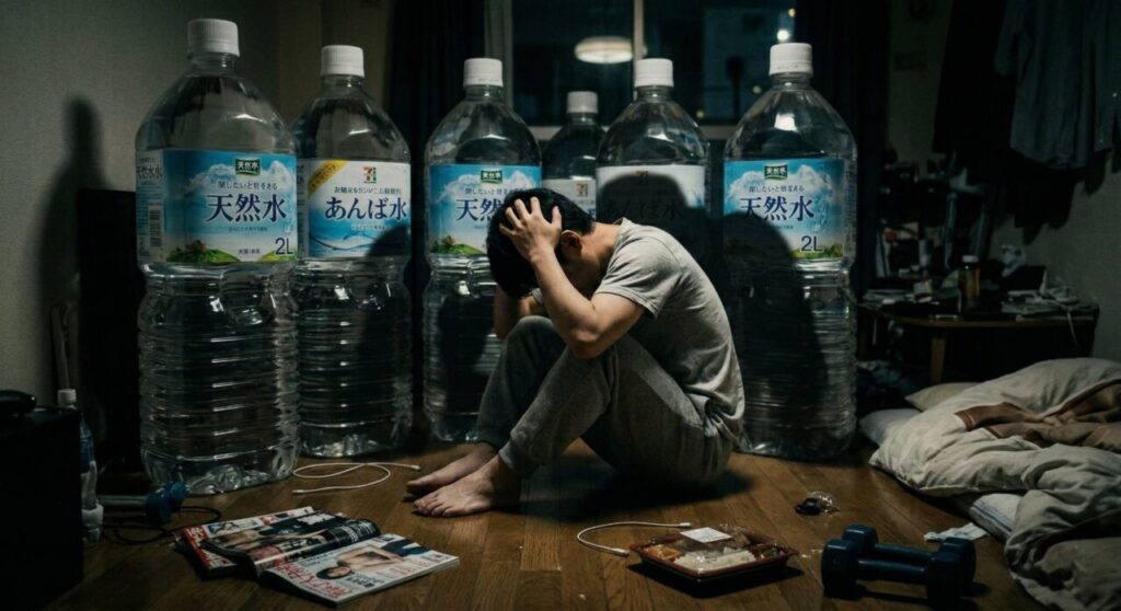 薄暗い部屋で、巨大な壁のような2Lペットボトルに囲まれて絶望する男性。