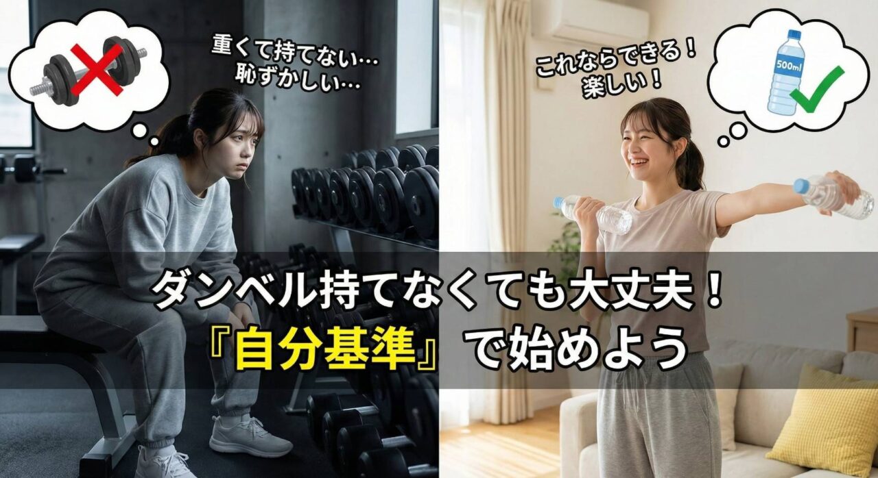 ジムの重いダンベルが持てずに落ち込む初心者女性と、自宅でペットボトルを代用して笑顔で筋トレを楽しむ様子の比較図解。「ダンベル持てなくても大丈夫！『自分基準』で始めよう」というテキスト。