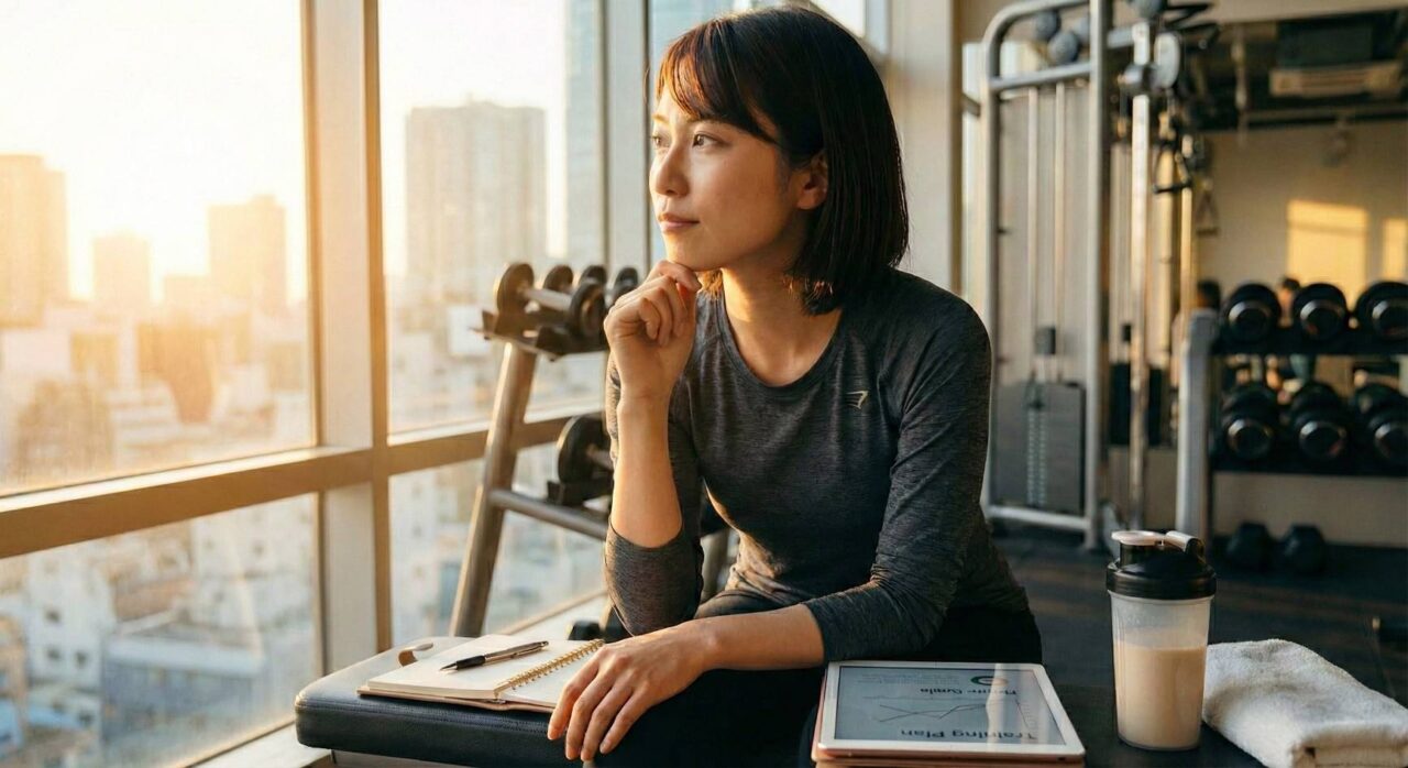輝かしい未来を思い描き、筋トレへの考え方や計画を真剣に練っている女性。朝のジムでノートとタブレットを広げ、自分の体と人生に向き合う様子