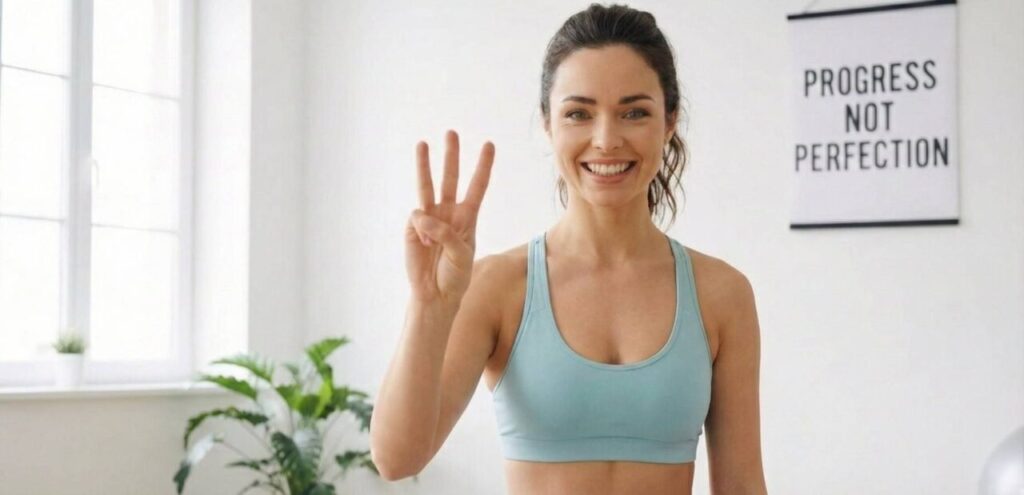 明るい室内で、水色のトレーニングウェアを着た女性が笑顔で3本の指を立てている写真。背景には「PROGRESS NOT PERFECTION（完璧より前進）」というポスターがあり、フィットネスに関する3つのポイントやアドバイスを表現している。