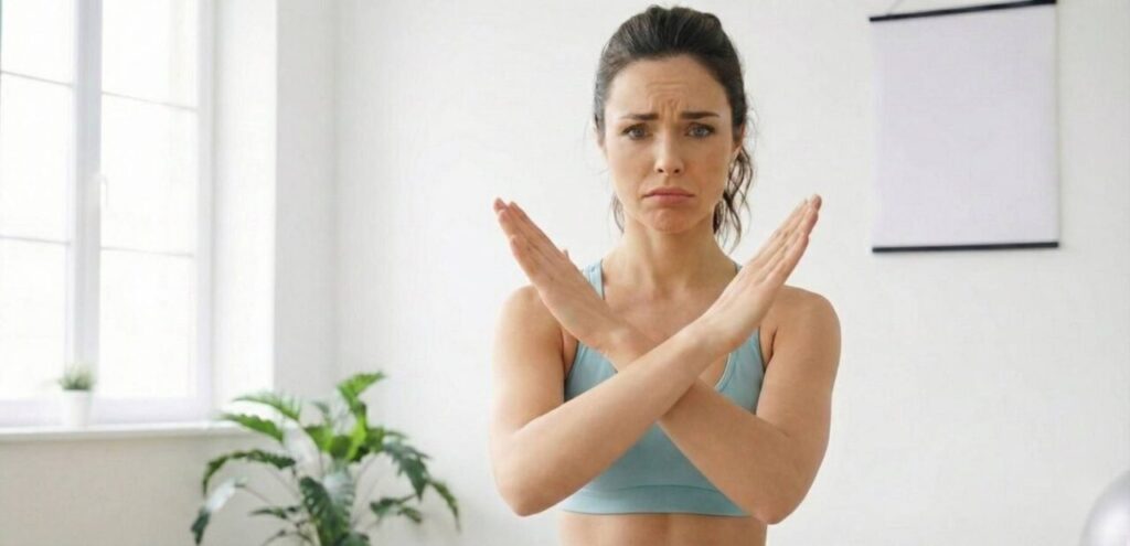 フィットネスウェアを着た女性が、悲しそうな表情で胸の前で両手を交差させ「バツ」のジェスチャーをしている写真。トレーニングにおけるNG行動、避けるべき間違いを表現している。