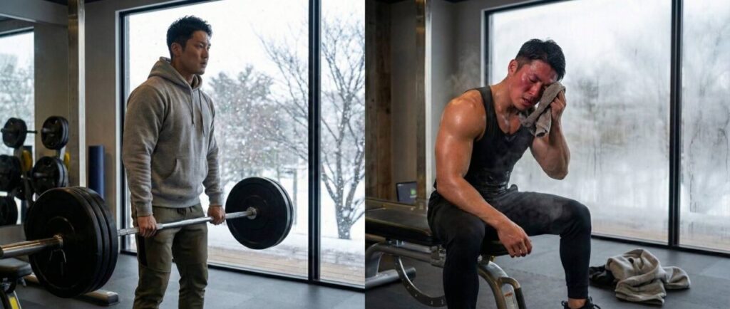 冬のジムでの筋トレのビフォーアフター画像。左側はグレーのパーカーを着てトレーニングを始める前の日本人男性、右側は激しいトレーニングを終えてタンクトップ姿になり、湯気が立つほど汗だくで休憩している様子。背景の窓からは雪景色が見える。