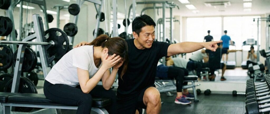 ジムのベンチで頭を抱えて落ち込んでいる女性の横で、笑顔の男性パーソナルトレーナーが肩に手を置き、前方を指差して励ましている様子。背景にはトレーニングマシンや他の利用者が見える。