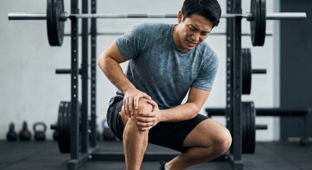 ジムでスクワットの姿勢をとり、苦痛の表情で右膝を押さえている日本人男性。