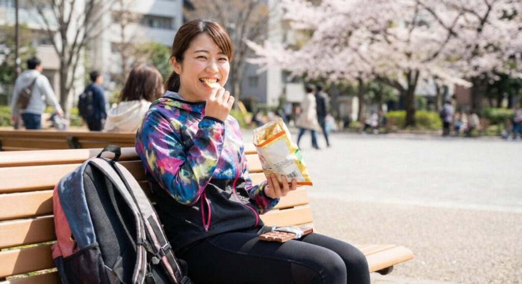 桜が咲く春の公園で、ベンチに座って笑顔でポテトチップスを食べているトレーニングウェア姿の日本人女性。膝の上にはチョコレートも置かれており、リラックスした様子。