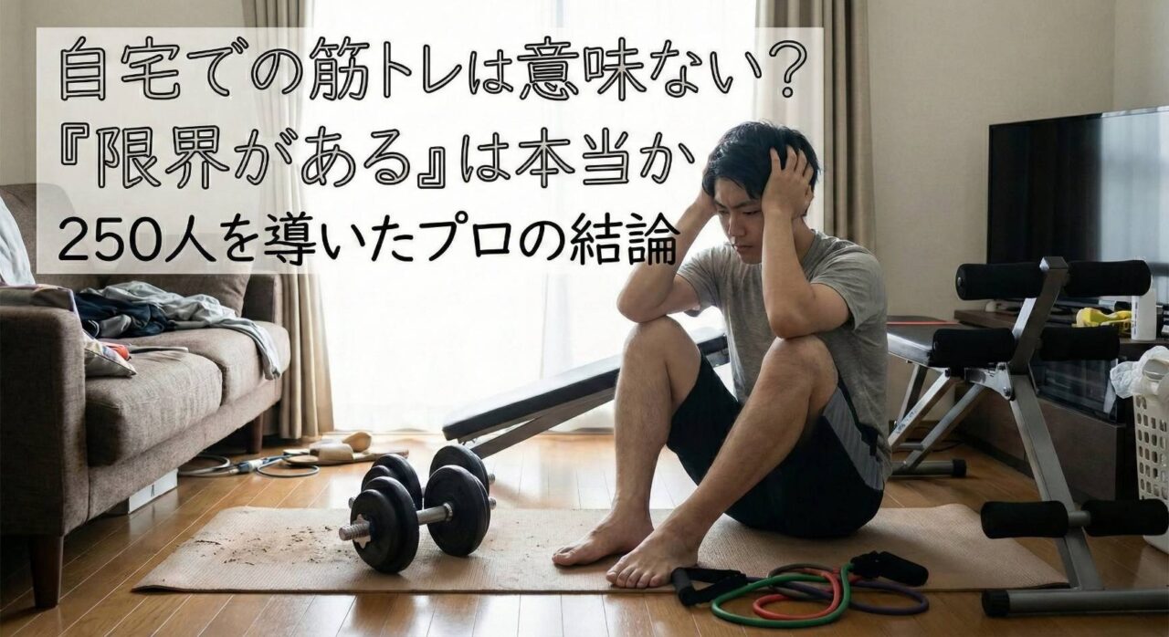 自宅で筋トレ器具(ダンベルやベンチ)に囲まれて頭を抱えて悩んでいる若い男性のアイキャッチ画像。テキスト:「自宅での筋トレは意味ない?『限界がある』は本当か250人を導いたプロの結論」