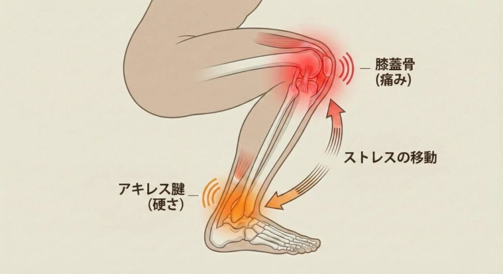スクワット時の膝と足首の連動を示すイラスト。足首の硬さが膝の負担（ピキッとする痛み）に繋がる仕組みを解説。