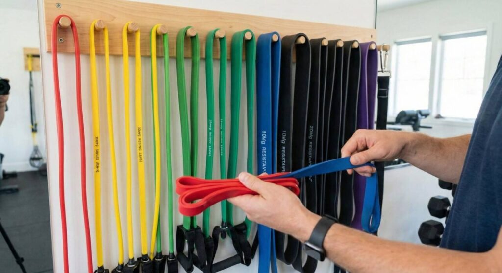 ホームジムの壁掛けラックに並んだ色とりどりのトレーニングチューブの前で、男性が赤いバンドを短く束ねて持ち、青いバンドを長く伸ばして持って、負荷を調整する方法を実演している様子。