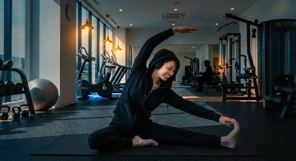 黒いフードを被りヘッドフォンを装着した日本人女性が、シックでモダンなジムの黒い床の上で笑顔でストレッチをしている様子。落ち着いた暖色系の照明と清潔感のあるトレーニングエリアの風景。