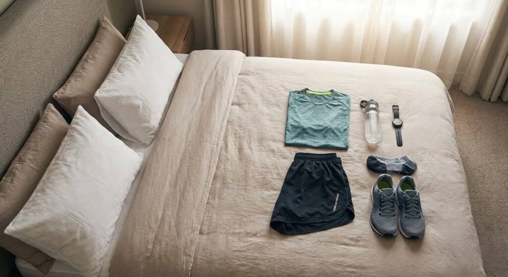 ベッドの上に綺麗に並べられた、翌朝のランニング用ウェア一式。青緑色のTシャツ、黒いショーツ、グレーのソックスとシューズ、ウォーターボトル、スマートウォッチがベージュのリネンの上に整然と置かれている、真上からの写真。