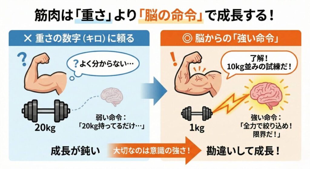 「筋肉は『重さ』より『脳の命令』で成長する！」と題された図解イラスト。左側の「×重さの数字（キロ）に頼る」では、20kgのダンベルを持っていても脳からの命令が弱いため筋肉が「よく分からない」と困惑し、「成長が鈍い」様子が描かれている。対して右側の「◎脳からの『強い命令』」では、1kgのダンベルであっても脳が「全力で絞り込め！限界だ！」と強い命令を送ることで、筋肉が「10kg並みの試練だ！」と勘違いし、「成長する」様子が対比されている。下部中央には「大切なのは意識の強さ！」というメッセージがある。