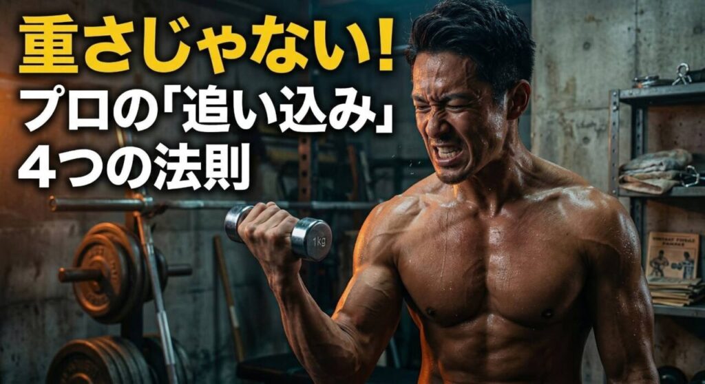 軽いダンベルを使いながらも極限の表情でトレーニングをする男性。上部に『重さじゃない！プロの「追い込み」4つの法則』という文字がある映画的なアイキャッチ画像。