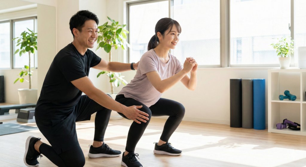 パーソナルジムでトレーナーから正しいスクワットのフォーム指導を受ける初心者の女性
