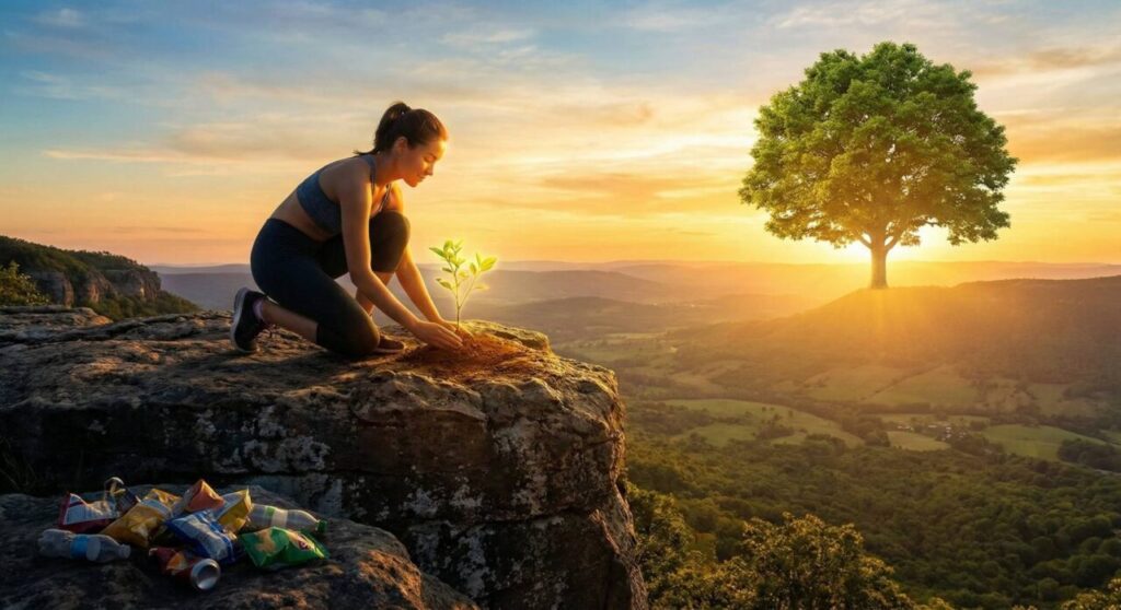 ジャンクフードのゴミを捨て、未来への自己投資として日の出の光の中で苗木を植える女性。