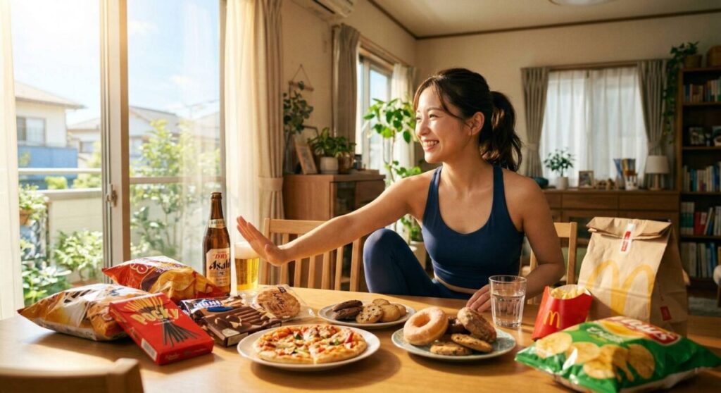 お酒やジャンクフード、お菓子を辛い我慢としてではなく、笑顔と余裕を持って自ら押しやっている様子。