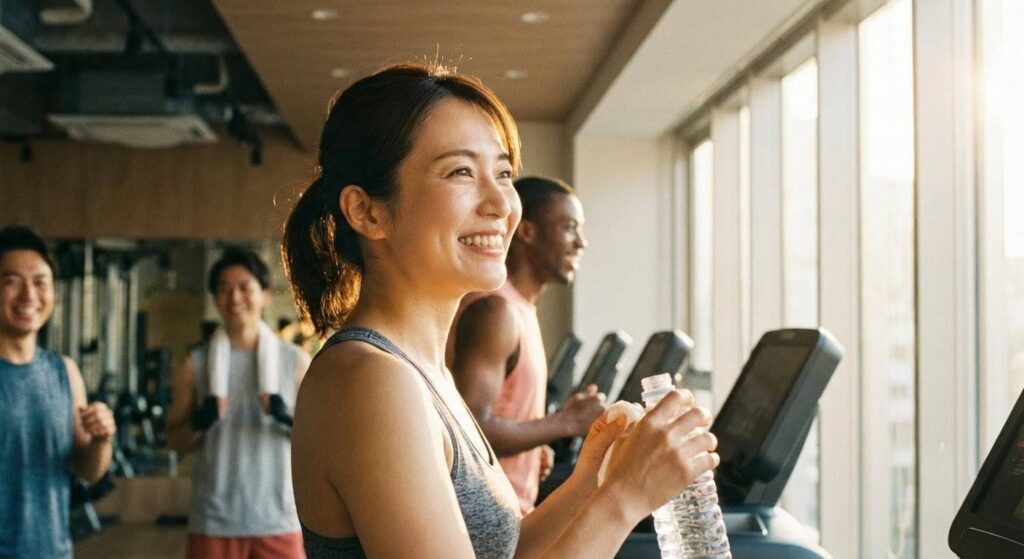 ジムの窓際で、温かい日差しを浴びて晴れやかに微笑む日本人女性。トレーニングの合間に水分補給をしている様子。