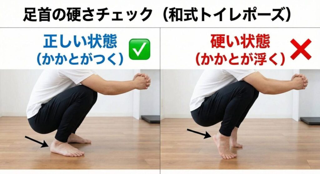 足首の硬さチェック（和式トイレポーズ）の比較画像。かかとがついた正しい状態と、浮いてしまう硬い状態の対比。