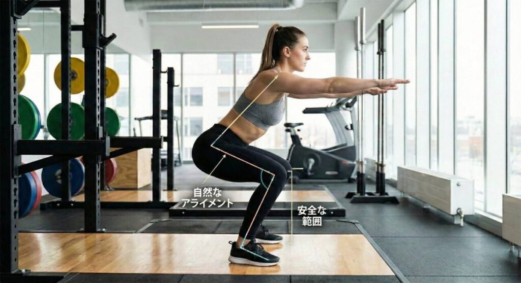 膝がつま先より少し前に出た、解剖学的に自然で安全なスクワットフォームの例。