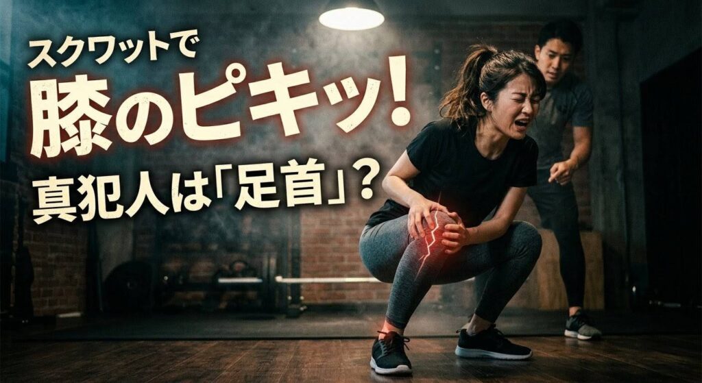 映画のワンシーンのようなドラマチックなアイキャッチ画像。スクワットで膝を痛めて顔をしかめる日本人女性。膝にはピキッとした痛みの視覚効果。上部に小さく「スクワットで」、中央に大きく「膝のピキッ！」、下部に「真犯人は「足首」？」というインパクトのある文字が挿入されている。