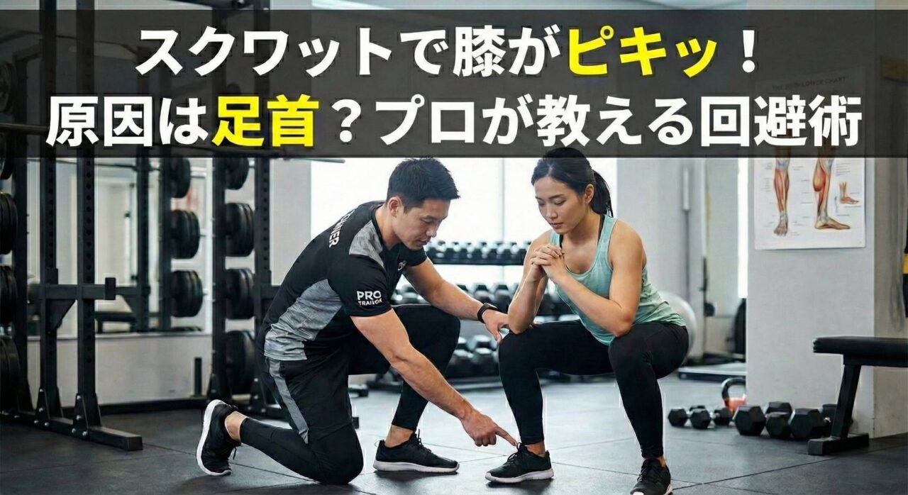 アイキャッチ画像：「スクワットで膝がピキッ！原因は足首？プロが教える回避術」。ジムで、日本人男性トレーナーがスクワットの姿勢をとる日本人女性クライアントの足首を指差し、フォームを指導している様子。