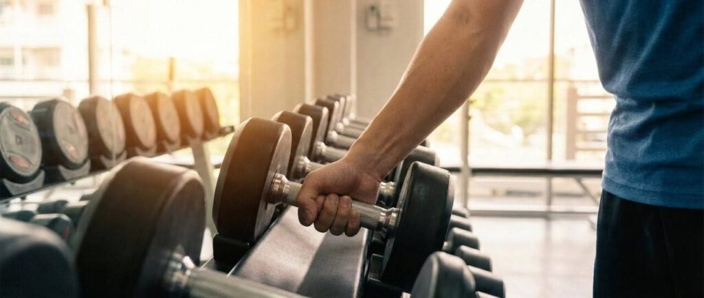 明るい日差しが差し込むジムで、男性がダンベルラックからダンベルをしっかりと握っている様子の写真。