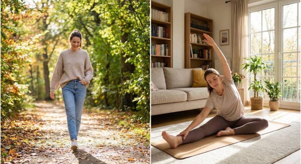 左側は秋の公園の小道を笑顔で散歩するニットを着た女性、右側は日当たりの良いリビングルームでヨガマットの上でリラックスしてストレッチをする同じ女性の様子を並べた写真。