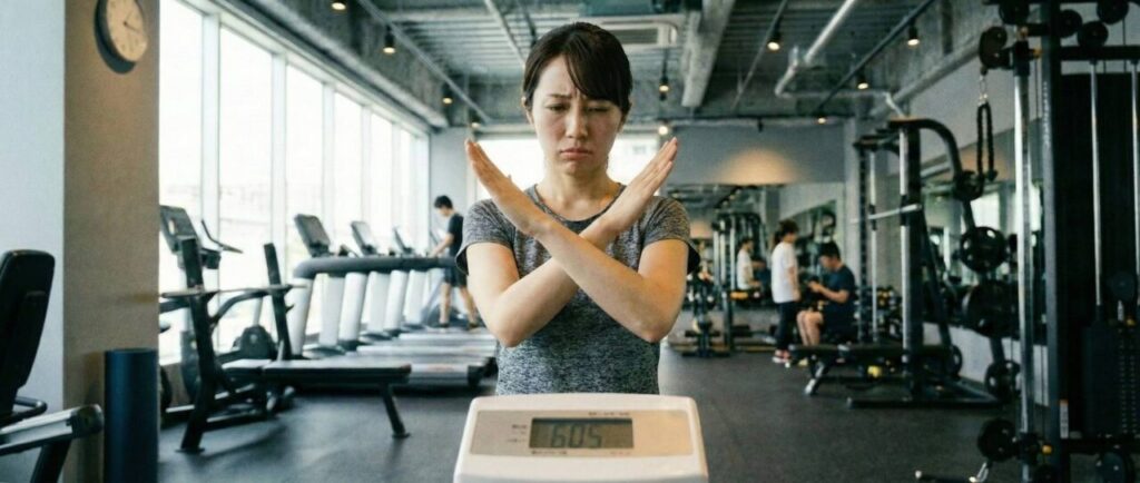 フィットネスクラブでトレーニングウェアを着た女性が、体重計の上で測定結果に対して否定的なジェスチャー（両手で✕）をしている様子