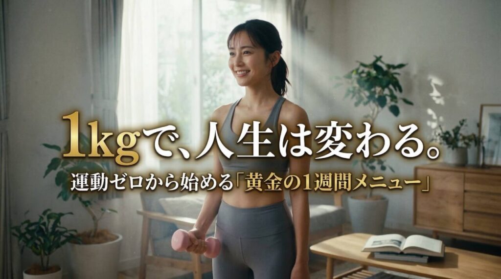 明るい北欧風リビングで1kgのパステルピンクのダンベルを持ち、健康的で幸せそうな若い女性。画像中央には、『1kgで、人生は変わる。 運動ゼロから始める「黄金の1週間メニュー」』というテキストがある。
