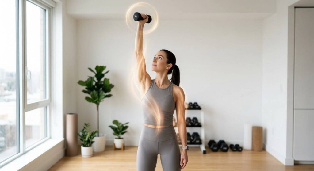 明るい自宅リビングで、完璧なフォームで1kgのダンベルを頭上に持ち上げる女性。コントロールできる重さで「効かせる技術」を身につけている様子。