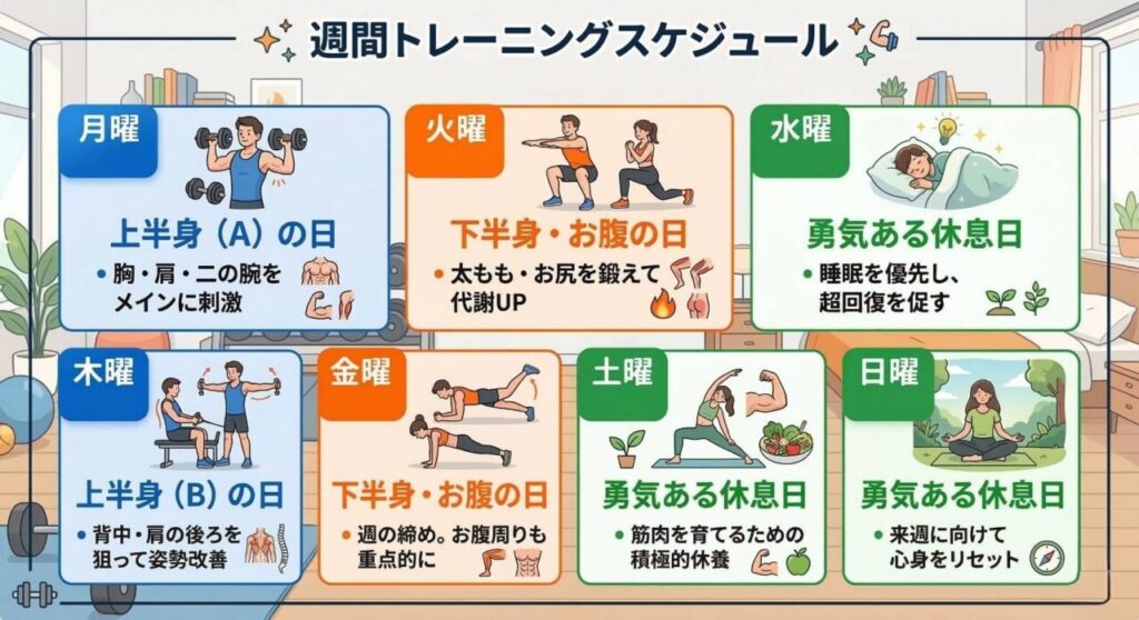 初心者向け1kgダンベル筋トレ、部位別1週間トレーニングスケジュール表(スマホ保存用)