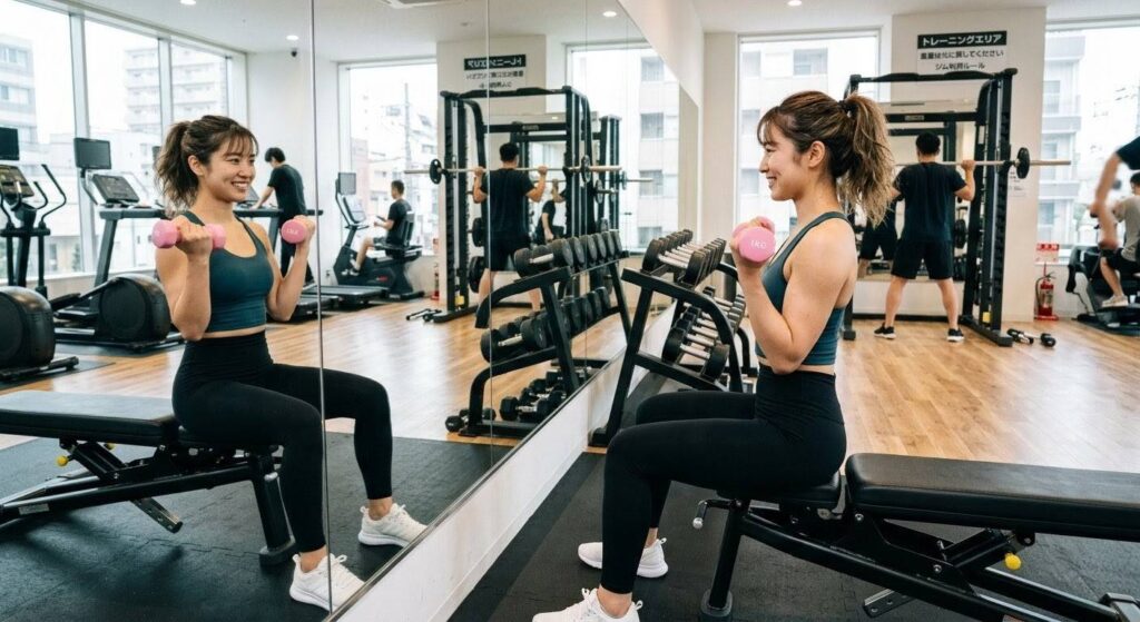 非常に軽いピンク色のダンベルで笑顔でフォームチェックをする日本人女性初心者。テストセット（ウォーミングアップ）の重要性を表現。