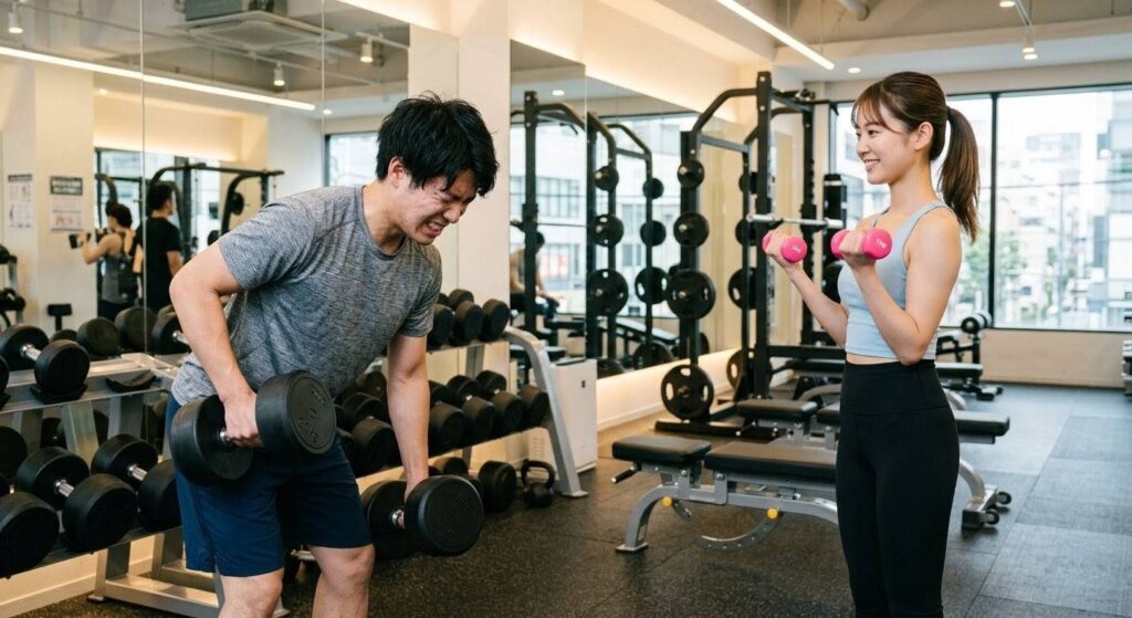 筋トレ重量設定で失敗する初心者の対比：重すぎてフォームが崩れる男性と、軽すぎて余裕な女性
