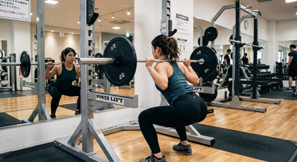 正しいフォームでバーベルスクワットをする真剣な表情の日本人女性初心者。フォームが崩れない限界の適正重量を体現。
