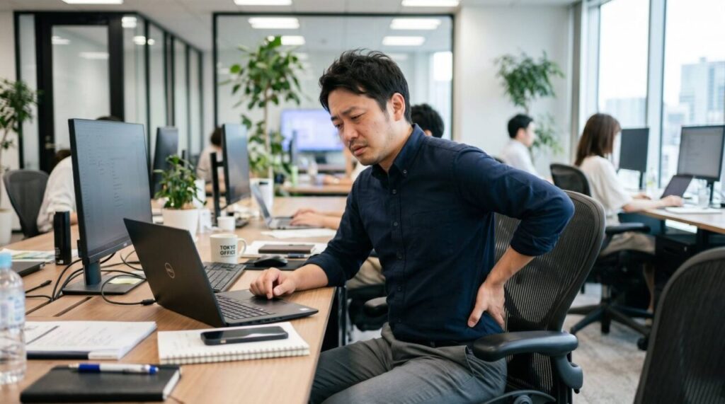 長時間のデスクワークによってお尻の筋肉が使えなくなり腰に負担がかかっている様子