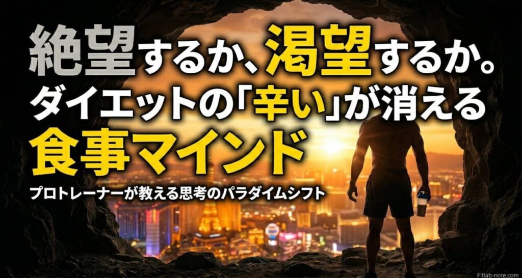 暗い洞窟から光り輝く街（未来）を見据える男性の後ろ姿と、「絶望するか、渇望するか。ダイエットの『辛い』が消える食事マインド」の文字が書かれたアイキャッチ画像。