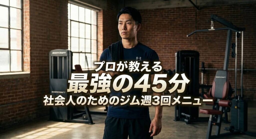 決意に満ちた表情でジムに立つ日本人男性と、「プロが教える 最強の45分 社会人のためのジム週3回メニュー」という力強い文字が配置されたアイキャッチ画像。
