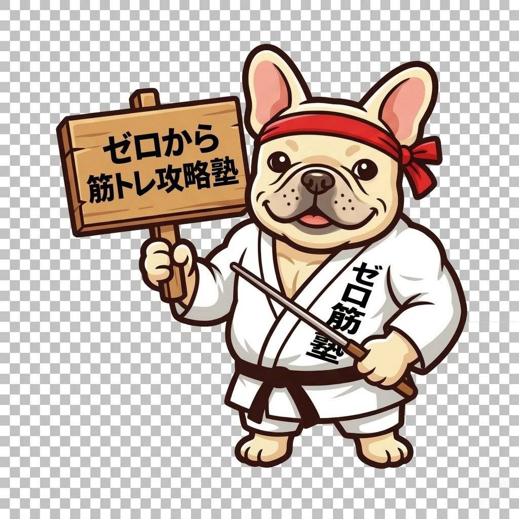 柔道着を着たフレンチブルドッグのマスコット。手に「ゼロから 筋トレ攻略塾」と書かれた立て札を持つ。
