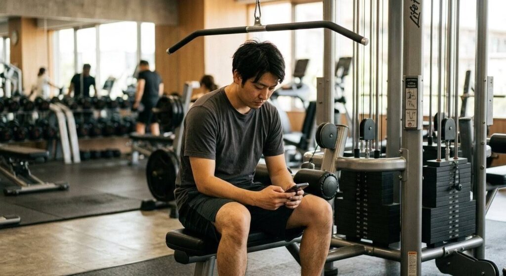 ラットプルマシンに座ってスマホの動画に見入る男性の悪い例。インターバルが長引き、マシンを独占している様子。