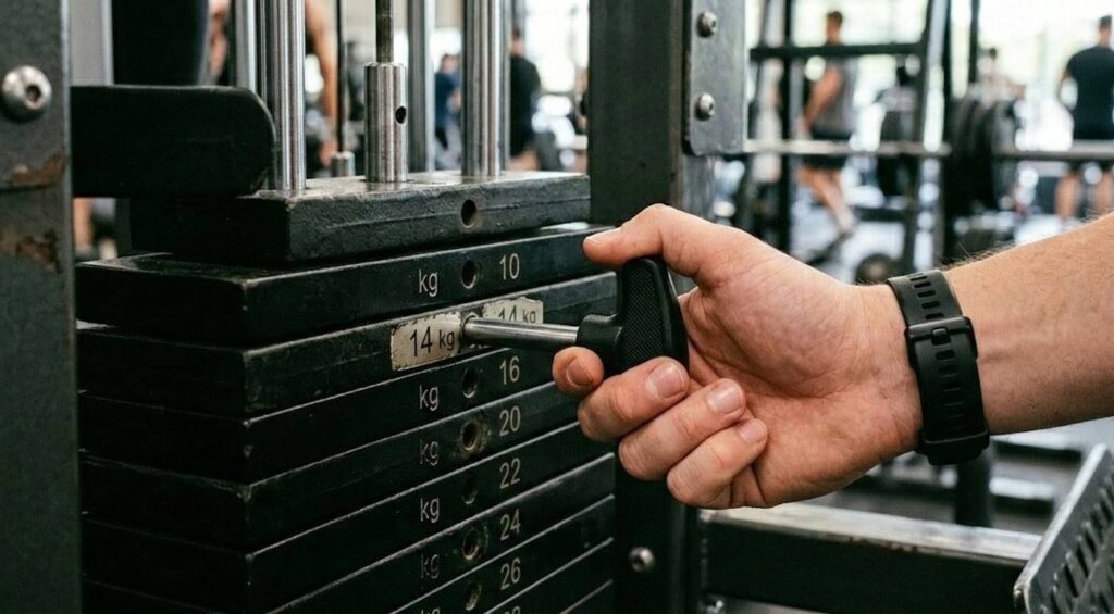 トレーニングマシンのウエイトスタックで、14kgのマークにピンを差し込んで調整する手元のアップ。