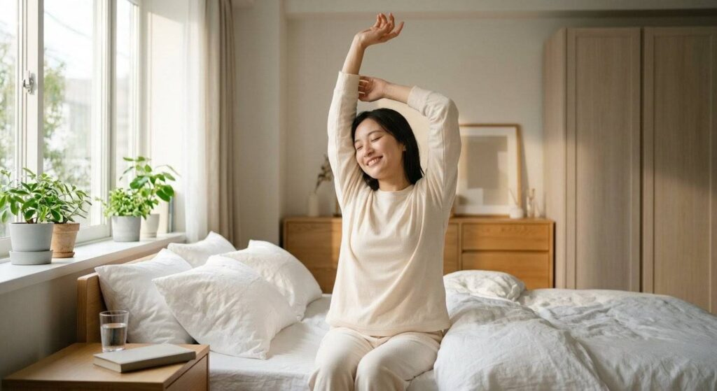 ダイエットの停滞期をスキップするために、十分な睡眠をとってスッキリと目覚めた健康的な女性