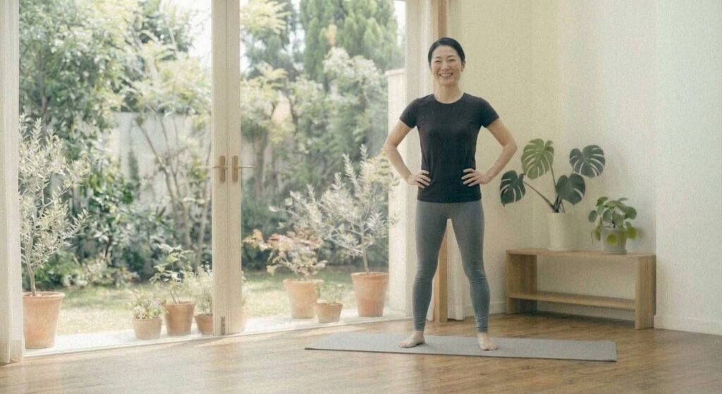 読者に向かって「今すぐ始めよう!」と笑顔で背中を押す、自宅で筋トレウェアを着た日本人女性。