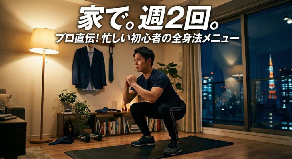 夜の自宅リビングで真剣に全身法スクワットをする、忙しい社会人のための週2回自宅筋トレメニューのアイキャッチ画像。