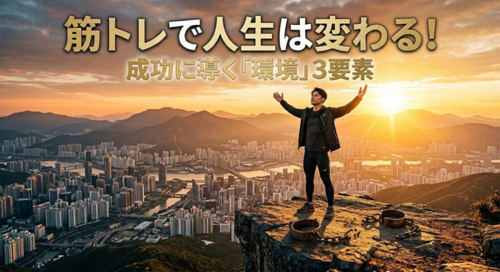 「筋トレで人生は変わる！」の文字と、都市を見下ろす崖に立つ解放された男性（足元に壊れた足かせ）。