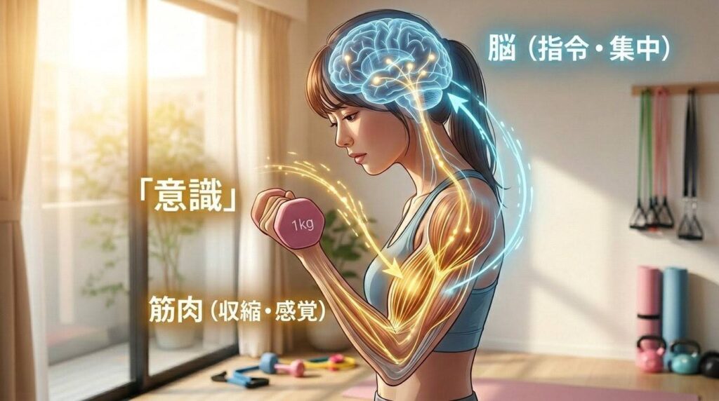 「脳と筋肉のつながり（マインドマッスルコネクション）」を視覚化した図解イラスト。1kgのダンベルを持つ女性の脳から腕の筋肉へ、指令が伝わる様子が光のラインで描かれている。画像内に「意識」「脳（指令・集中）」「筋肉（収縮・感覚）」のテキスト解説入り。