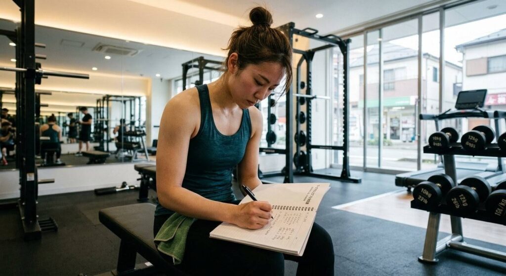 ジムでインターバル中に真剣な表情で「WORKOUT LOG」ノートにペンで記録を書き込む日本人女性初心者。脳への刺激を表現。