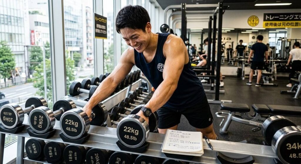 笑顔で一段重いダンベルを手に取ろうとする日本人男性初心者。架空の「WORKOUT LOG」ノートに記録を書き換えている。