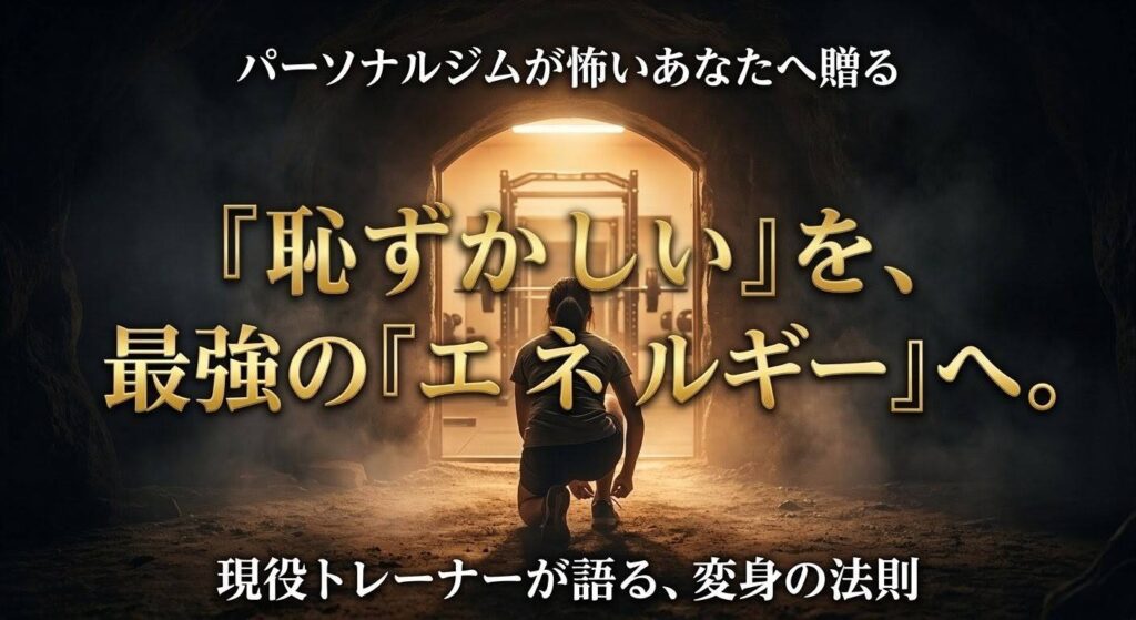 暗い洞窟の入り口から、光に満ちたパーソナルジムを見つめる女性の背中。画像には、上部に「パーソナルジムが怖いあなたへ贈る」、中央に金色の大きな文字で「『恥ずかしい』を、最強の『エネルギー』へ。」、下部に「現役トレーナーが語る、変身の法則」というテキストが掲載されています。