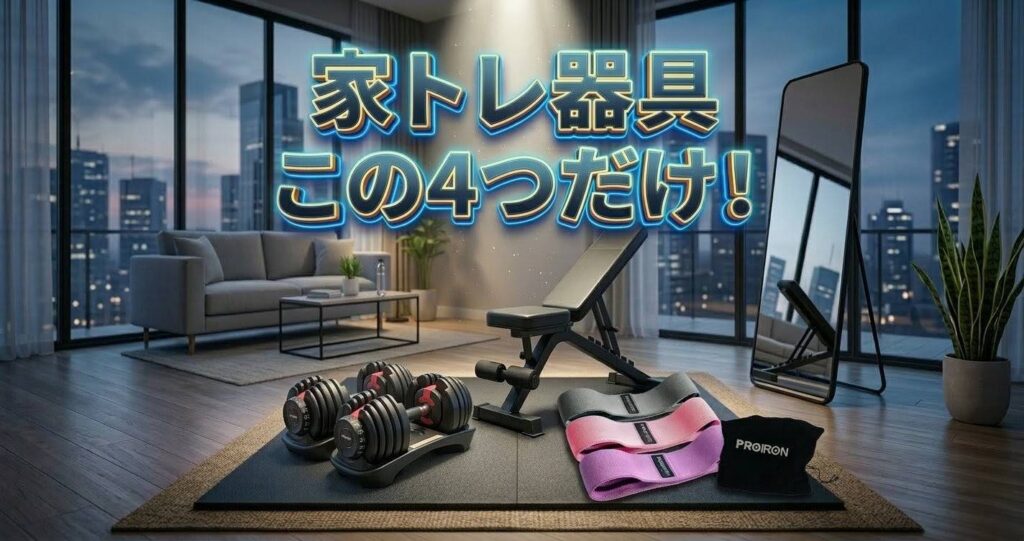 ホームジム。アジャスタブルダンベル、可変式ベンチ、抵抗バンド、PROIRONバッグがマットに並び、上部に『家トレ器具』『この4つだけ！』というテキストがある。
